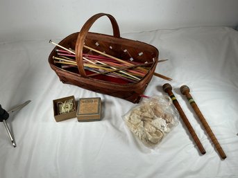 Vintage Knitting Needles, Junior Weave It, Yarn And Lace In Basket