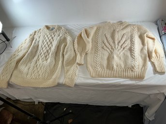 2 Chunky, Cream-colored Wool Pullovers From Ireland Made By Blarney