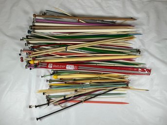 Large Bundle Of Mixed Vintage Knitting Needles Made Of Wood, Aluminum, And Plastic