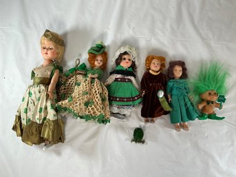 Six Vintage St. Patrick's Day And Irish-themed Dolls And A Novelty Troll Figure