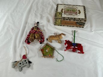 Hand Made Hanging Jester Doll And Wood Animals And Cigar Box
