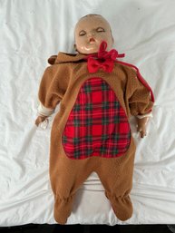 Vintage Ideal Doll Composition Baby Doll Wearing A Brown Fleece Hooded Jumpsuit
