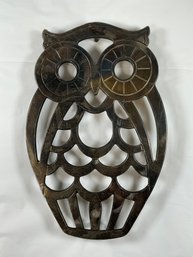 Vintage Silver-plated Owl Trivet By Leonard Featuring Feather Patterns And Large Circular Eye Cutouts