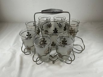 Vintage Libbey Starlyte Frosted Silver Leaf Bar Set Featuring Frosted Glasses And An Ice Bucket