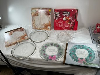 Four Vintage Holiday Glass Serving Platters,  Featuring The Mikasa Season's Greetings Platter