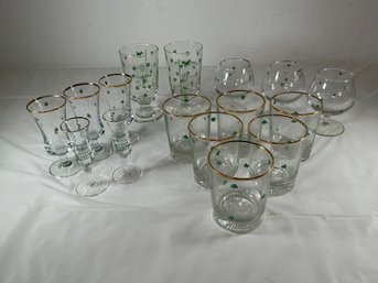 Vintage Irish-themed Barware Featuring Green Shamrock Motifs And Gold-trimmed Rims