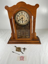 Antique E. Ingraham 'Atlanta' 8-day Gingerbread Mantel Clock With Pendulum, Key And Small Tool