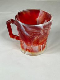 Vintage Imperial Glass Company Red And White Slag Glass Mug Featuring A Robin And Floral Motif From The 1970s
