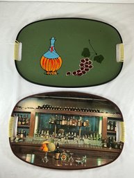 Two Vintage Mid-century Modern Oval Plastic Serving Trays With Rattan-wrapped Handles