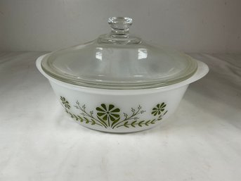 Vintage Glasbake 'Green Daisy' Milk Glass Casserole Baking Dish With Glass Lid - 1.5 Qt