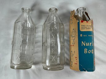 Vintage 8-ounce Pyrex Glass Nursing Bottles With Embossed Block Lettering And Original Blue-and-red Package