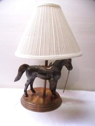 Vintage Brass Tone Horse Table Lamp With Saddle & Pleated Shade