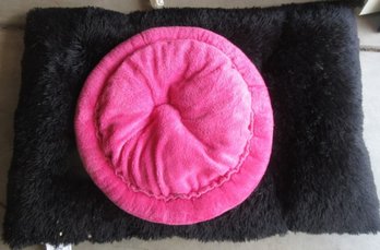 Large Plush Black Dog Bed (Preowned) With Small Pink Round Cuddler Pet Bed (New)