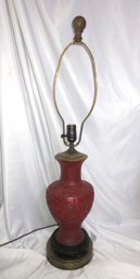 Large Asian Cinnabar Style Carved Red Table Lamp W Brass & Wood Base 33.25'