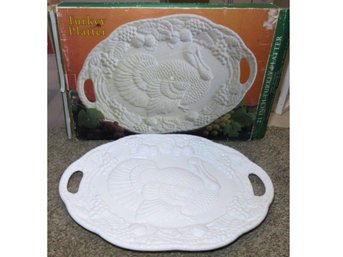 Large Embossed Turkey Platter Serving Tray White Ceramic 21.5'