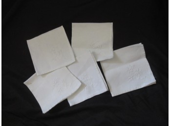 Vintage Handmade White Cotton Handkerchiefs Embroidered Floral Lot Of 5