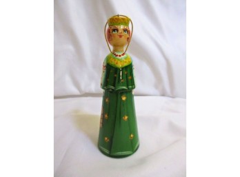 Hand Painted Wooden Russian Style Lady Figurine Green Dress 4.25'