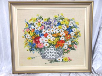 Large Vintage Crewel Embroidery Floral Basket Wool Needlework Framed Wall Art 36'