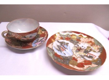 Vintage Japanese Porcelain Cup Saucer & Plate Raised Gold Figural Decoration