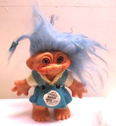 Vintage 1960s Thomas Dam Troll Coin Bank Denmark Blue Hair Original Outfit