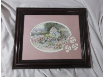 Vintage Framed Cottage Garden Watercolor Style Print Pink Roses Shabby Chic
