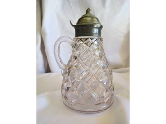 EAPG Victorian Syrup Pitcher Lavender Tint Diamond Pattern Metal Lid 7'
