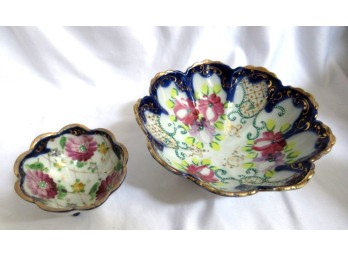 Set Of 2 Hand Painted Floral Porcelain Footed Bowls Cobalt Blue Gold Trim