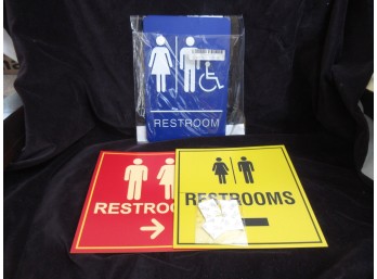 Lot Of 3 Restroom Signs – Blue, Red & Yellow – Men Women Accessible