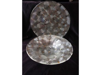 Large Decorative Glass Bowl With Underplate Concentric Circle Gold Dot