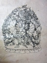 Vintage Asian Buddhist Deity Ink Artwork On Handmade Rice Paper Signed T. Muri 18.5x13.75