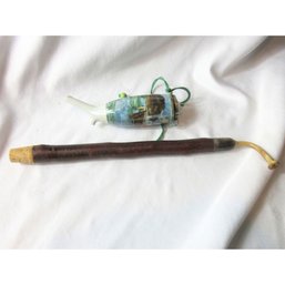Vintage Porcelain Pipe W Lid Wood Stem Figural Scene Tobacco Decor