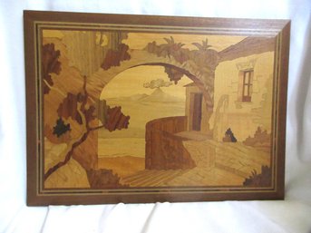 Vintage Unsigned Marquetry Wood Inlay Landscape Wall Art – 14' X 11'