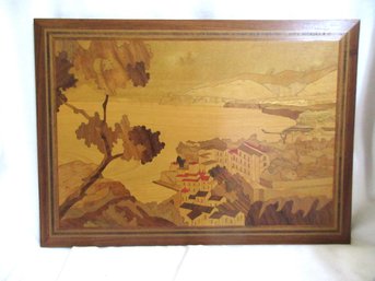 Vintage Marquetry Inlaid Wood Italian Coastal Village Landscape Wall Art – 14' X 11'