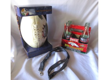 Denver Broncos Super Bowl XXXII Champions Collectibles Lot Football, Coca-Cola Bottles & Lanyard