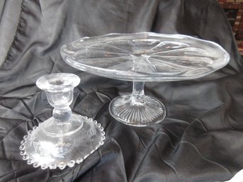 Vintage Clear Glass Cake Stand & Candlewick Style Candleholder