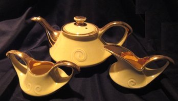 Vintage USA Pottery Teapot Creamer Sugar Bowl Set 22K Gold Atomic Design MCM