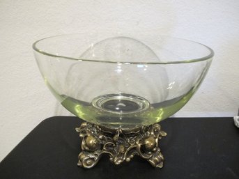 Pitman Dreitzer Glass Punch Bowl Set Brass Base 12 Cups Yellow Tint