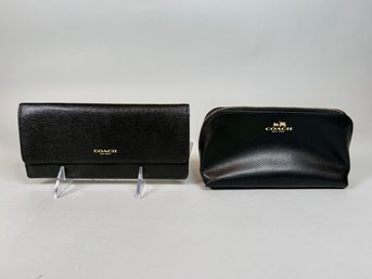 Coach Saffiano Soft Wallet In Black Leather With Coach Cosmetics Case In Black Leather