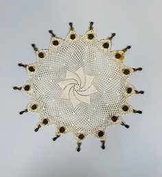 Crocheted Jug Doily With Floral And Beaded Weights, C. First Half 20th Century