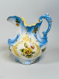 DF Haynes Torquay Blue And White Floral Majolica Style Pitcher, Baltimore, 1881-1941