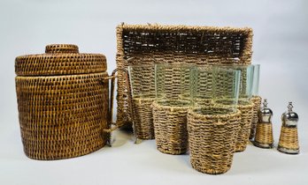 Rattan Bar Set  With Ice Bucket, Plastic And Rattan Highball Glasses Serving Tray And Salt And Pepper Shakers