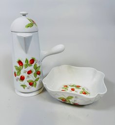 Bernardaud Limoges Fraisiere  Pattern Porcelain Serving Bowl And Hot Chocolate Pot
