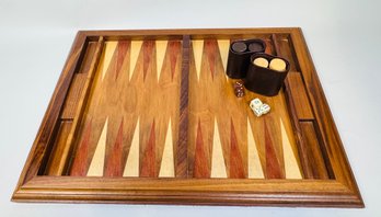 Wood Backgammon Board With Leather Cups, Wood Pieces And Dice