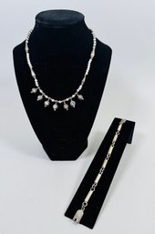 Sterling Silver And Glass Beaded Necklace With Moonstone Charms And A Sterling Silver Barrel Link Bracelet (2)
