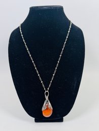 Art Nouveau Style Sterling Silver Necklace With Amber Cabochon Set Pendant