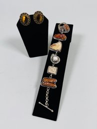 Semiprecious Stone Inset Sterling Silver Link Bracelet And Sterling Silver Clip Earrings (2)