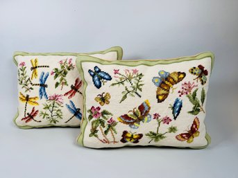 Two Needlepoint Throw Pillows, (1) Butterfiy And (1) Dragonfly Themed