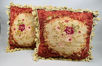 Vintage Aubusson Style Needlepoint Pillow Features A Floral Tapestry Design With Tassel Fringe Trim (2)