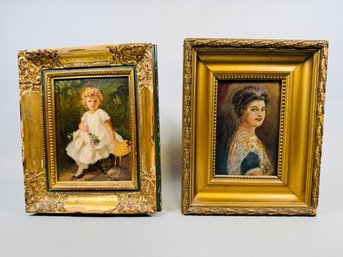 Unknown Artist Portrait Of A Girl And Portrait Of A Woman, Oil On Panel, C. Late 19th-Early 20th Century