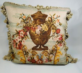 Vintage Aubusson Style Floral Needlepoint Pillow With Tassel Fringe Trim